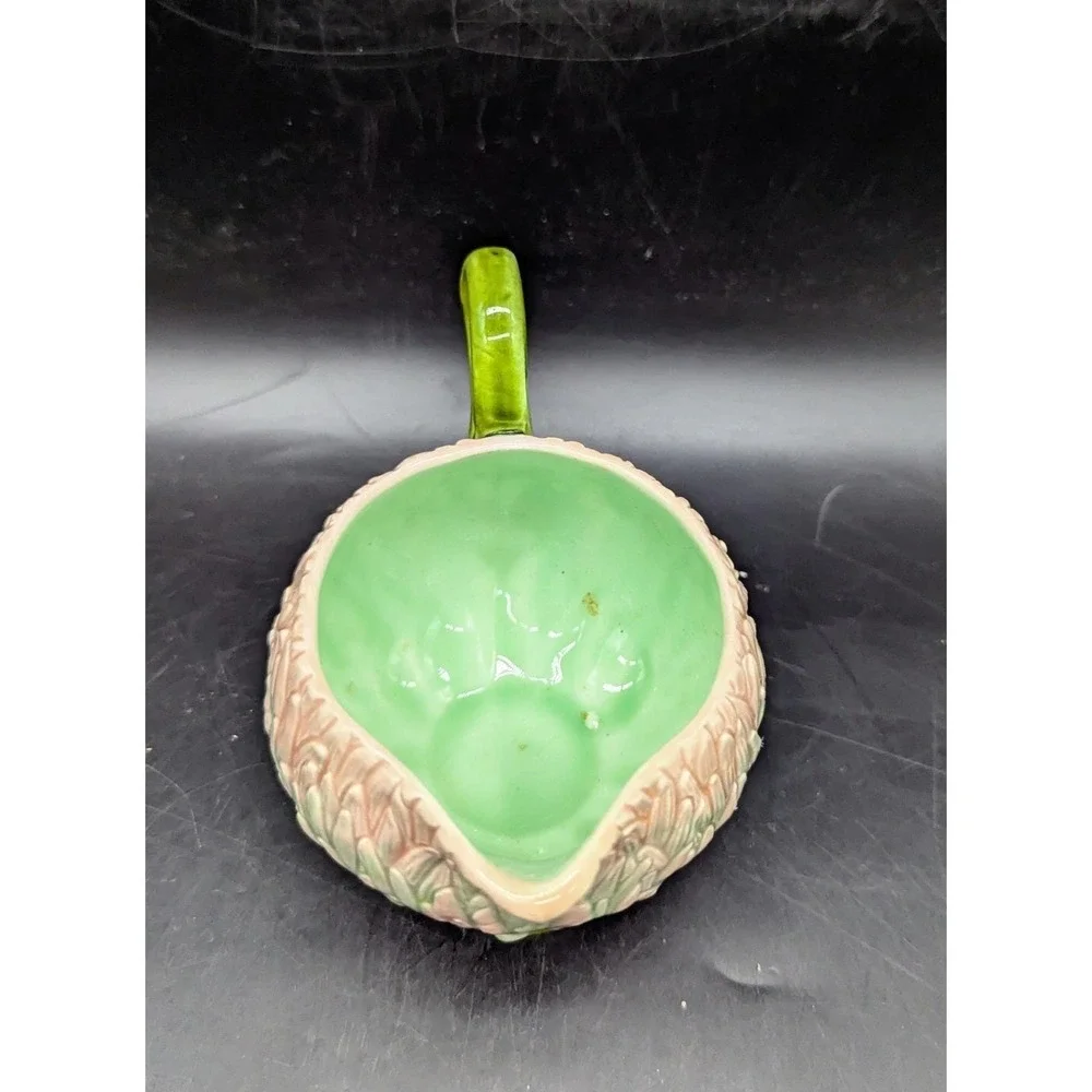 Vintage Majolica Water Lilly Floral Sauce Boat Creamer W Handle 3